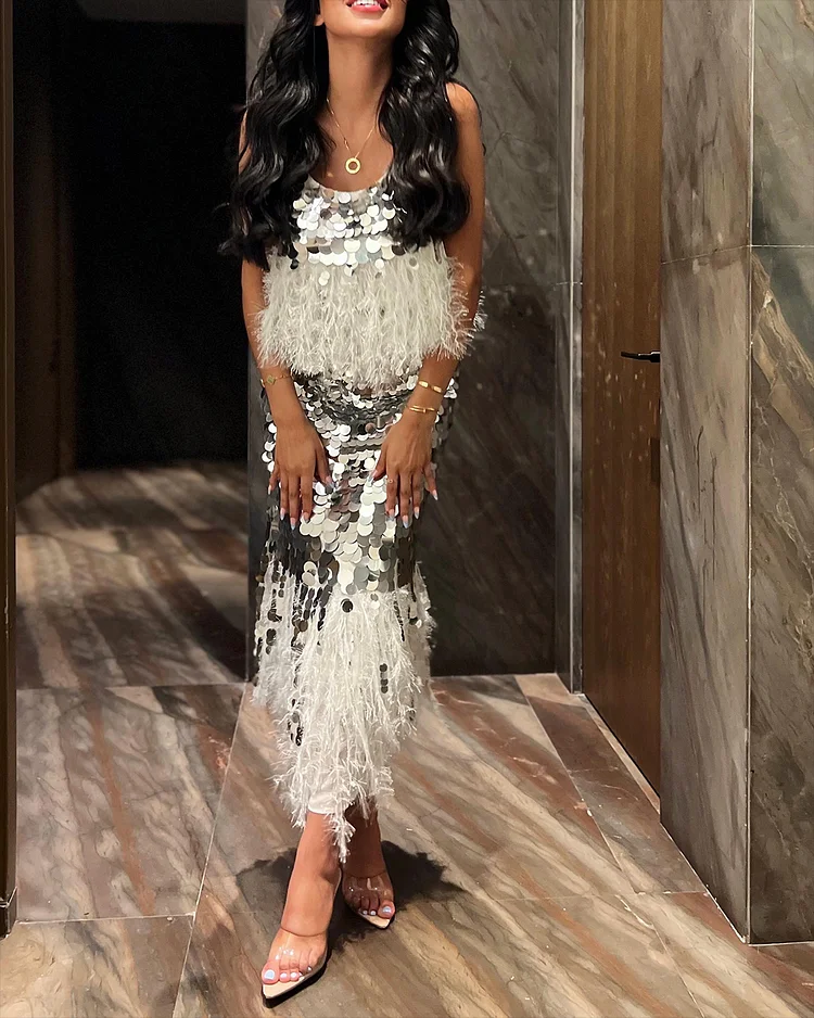 Women's Sleeveless Sequined Feather Dress