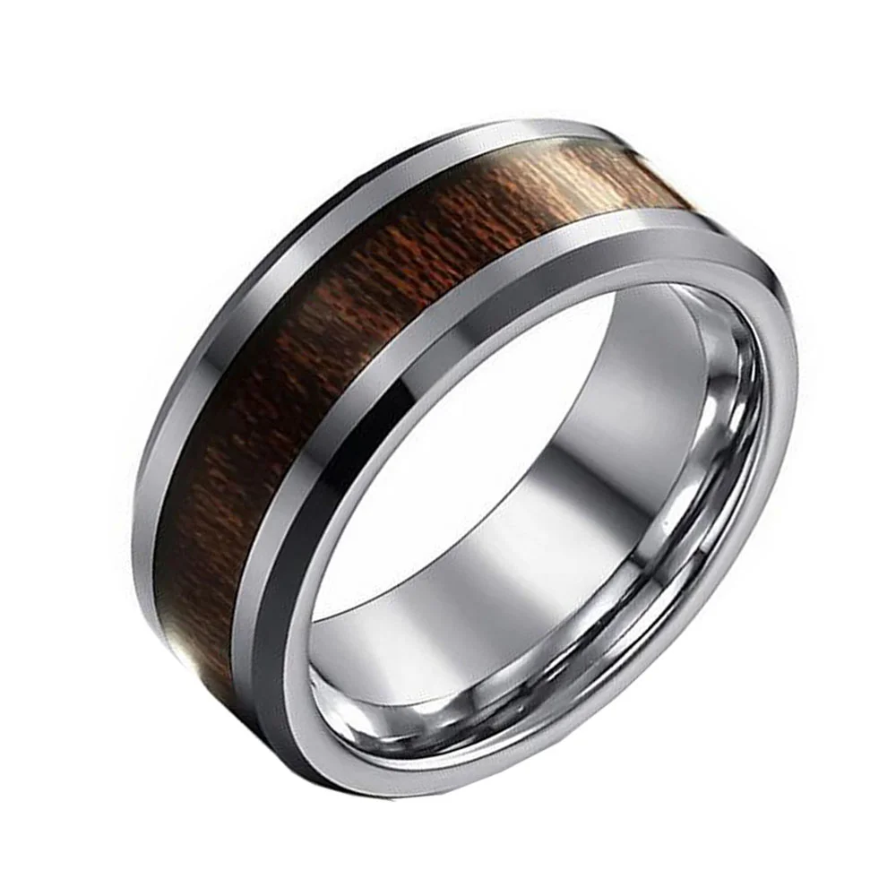 6MM 8MM Silver Tungsten Carbide Wedding Bands Wood Inlay Bevel Edge For Men