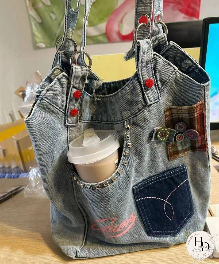 Retro Blue Rivet Patch Denim Messenger Bag