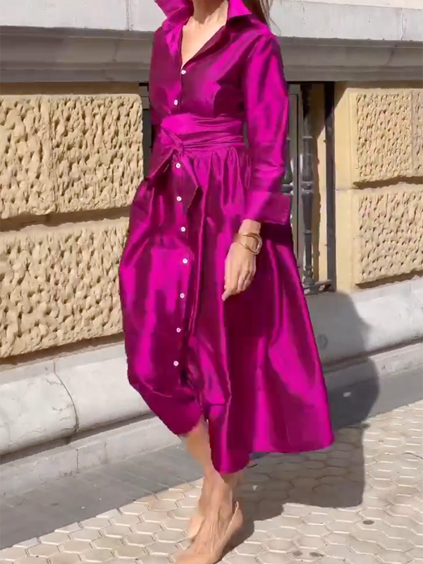 Belted Buttoned Plain Long Sleeves Polo Maxi Dresses