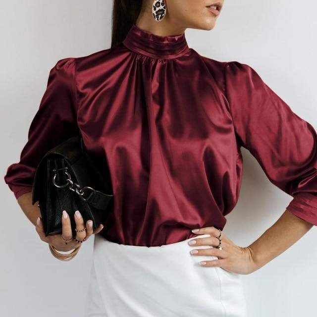 Celmia Women Satin Blouses Elegant Tunic Tops Fashion Solid High Collar Silk Shirts Long Sleeve Party Blusas Femininas 5XL