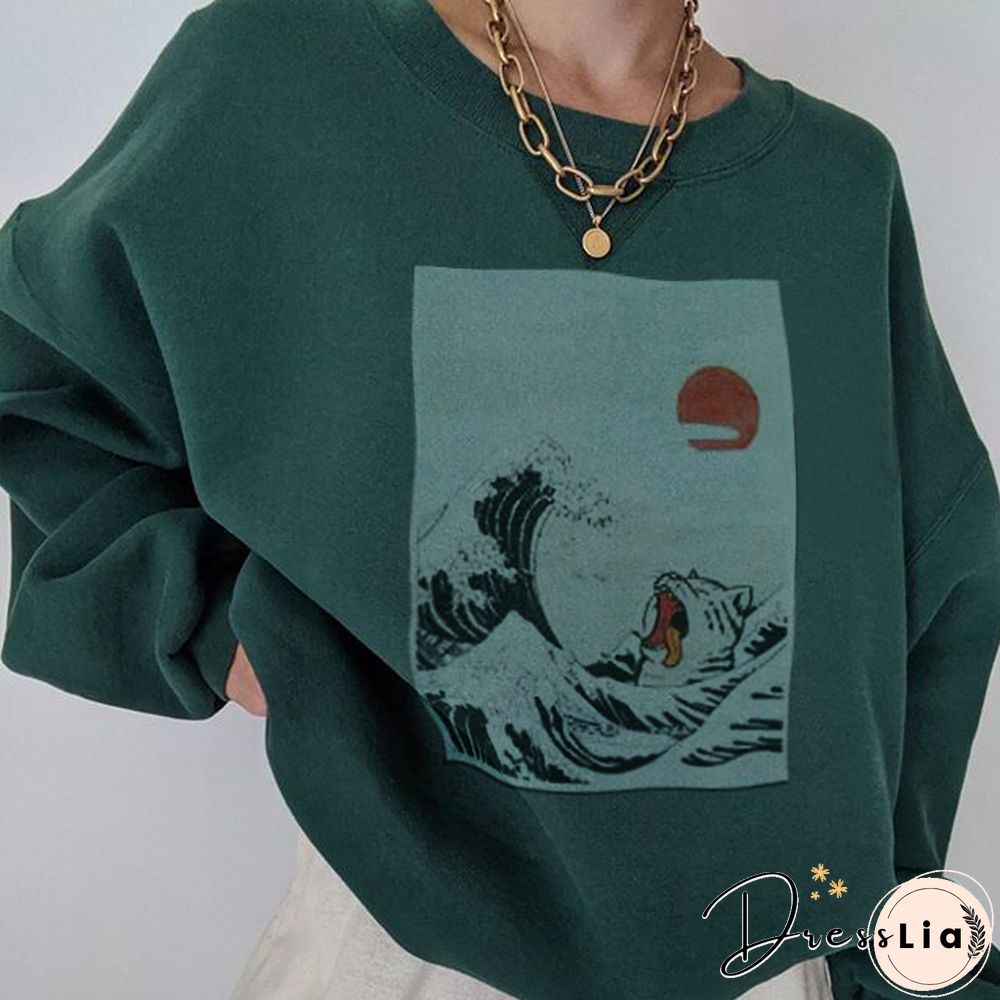 All-Match Fun Surf Cat Sun Print Sweatshirt