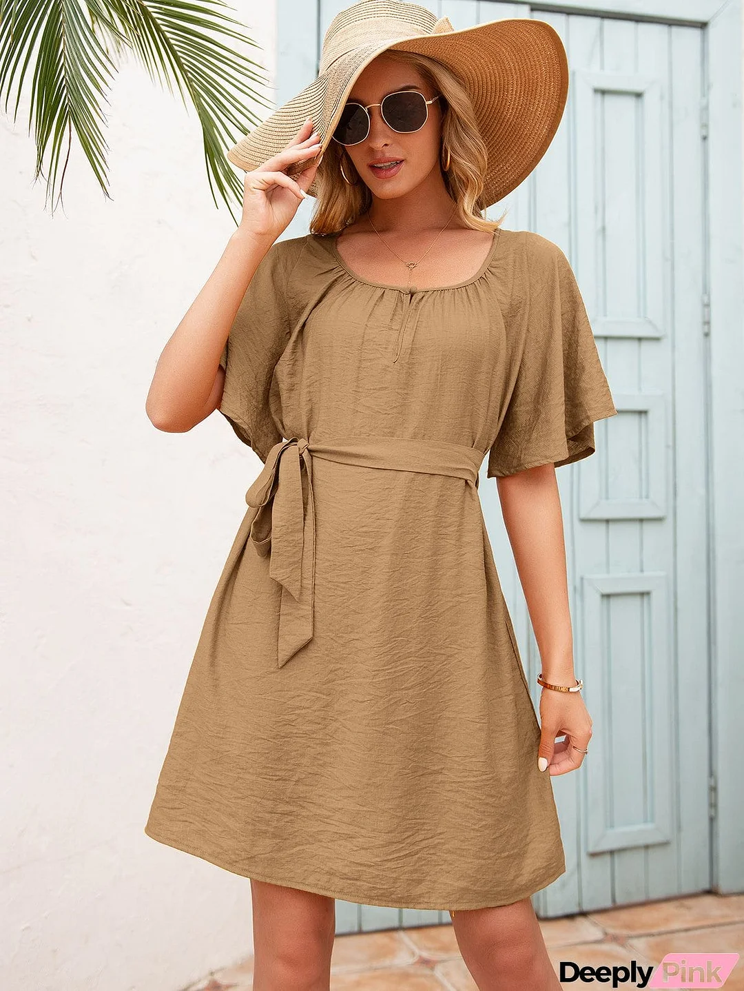 Tie Waist Flutter Sleeve Mini Dress