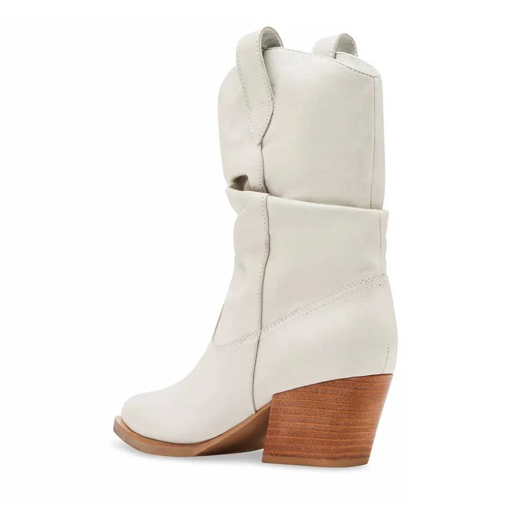 Women's White Pull On Almond Toe Stacked Heel Western Slouch Boots