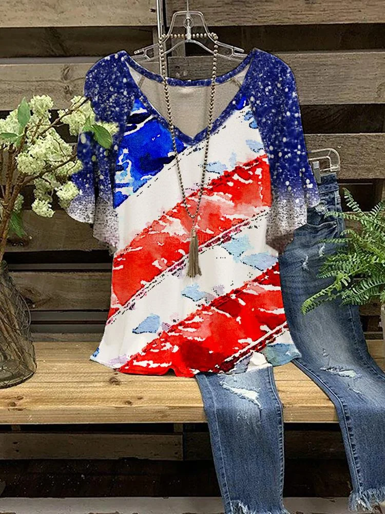 Women's Striped Flag Print Half-sleeve V-neck T-shirt