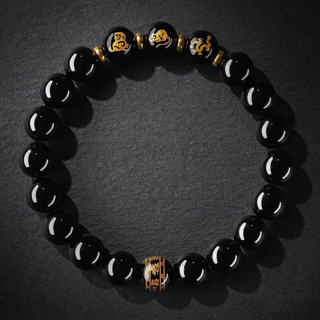 JiStones Obsidian Guardian: 2025 Zodiac Protection Bracelet Zodiac Rat | Avalokiteshvara