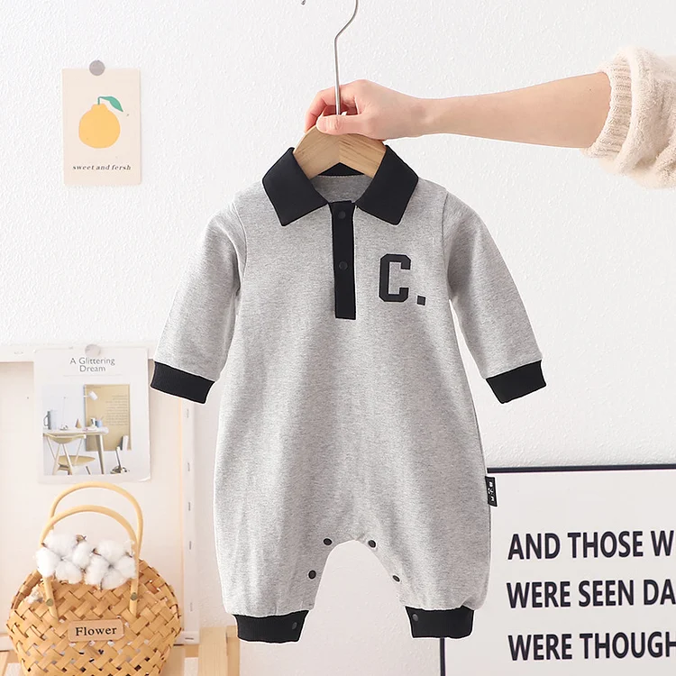 Baby Boy Polo Collar Letter Print Long Sleeve Romper