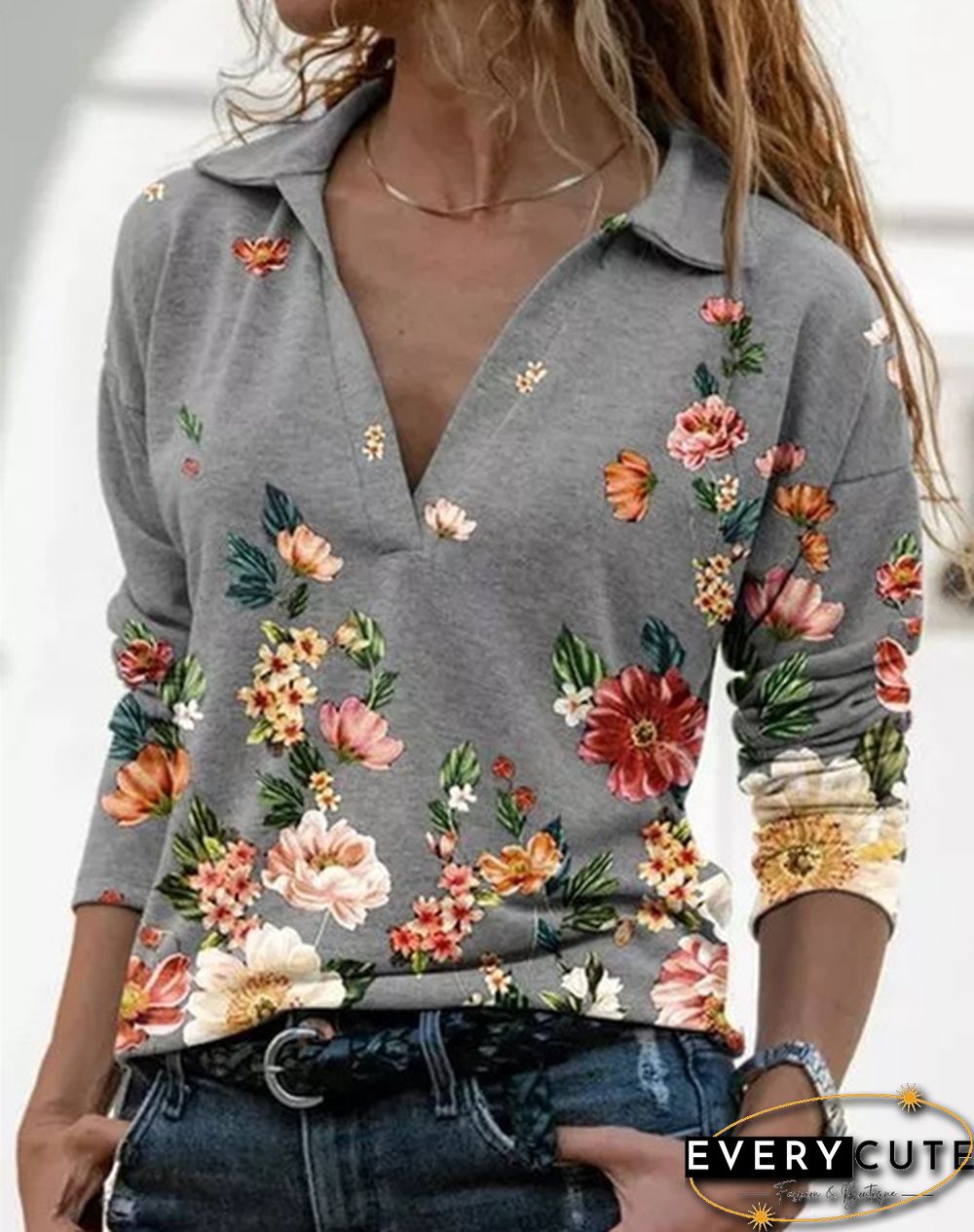 Spring and Autumn Casual Floral Printed Tops Women Fashion Stand Collar Long Sleeve Shirt Pullover Slim Fit Blouses