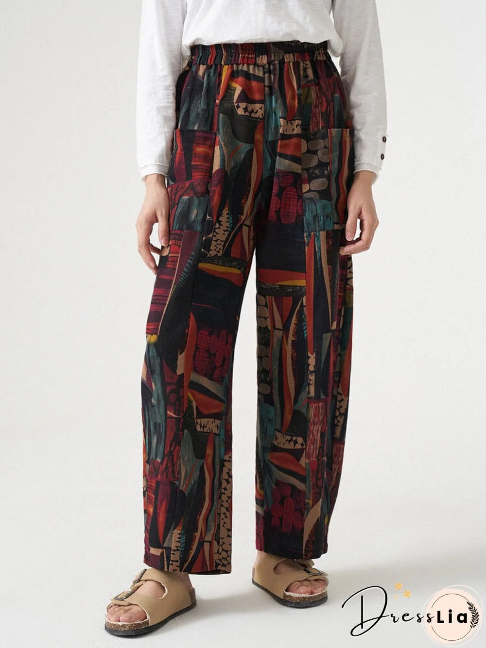 Vintage Print Dual Pocket Elastic Waist Pants For Women