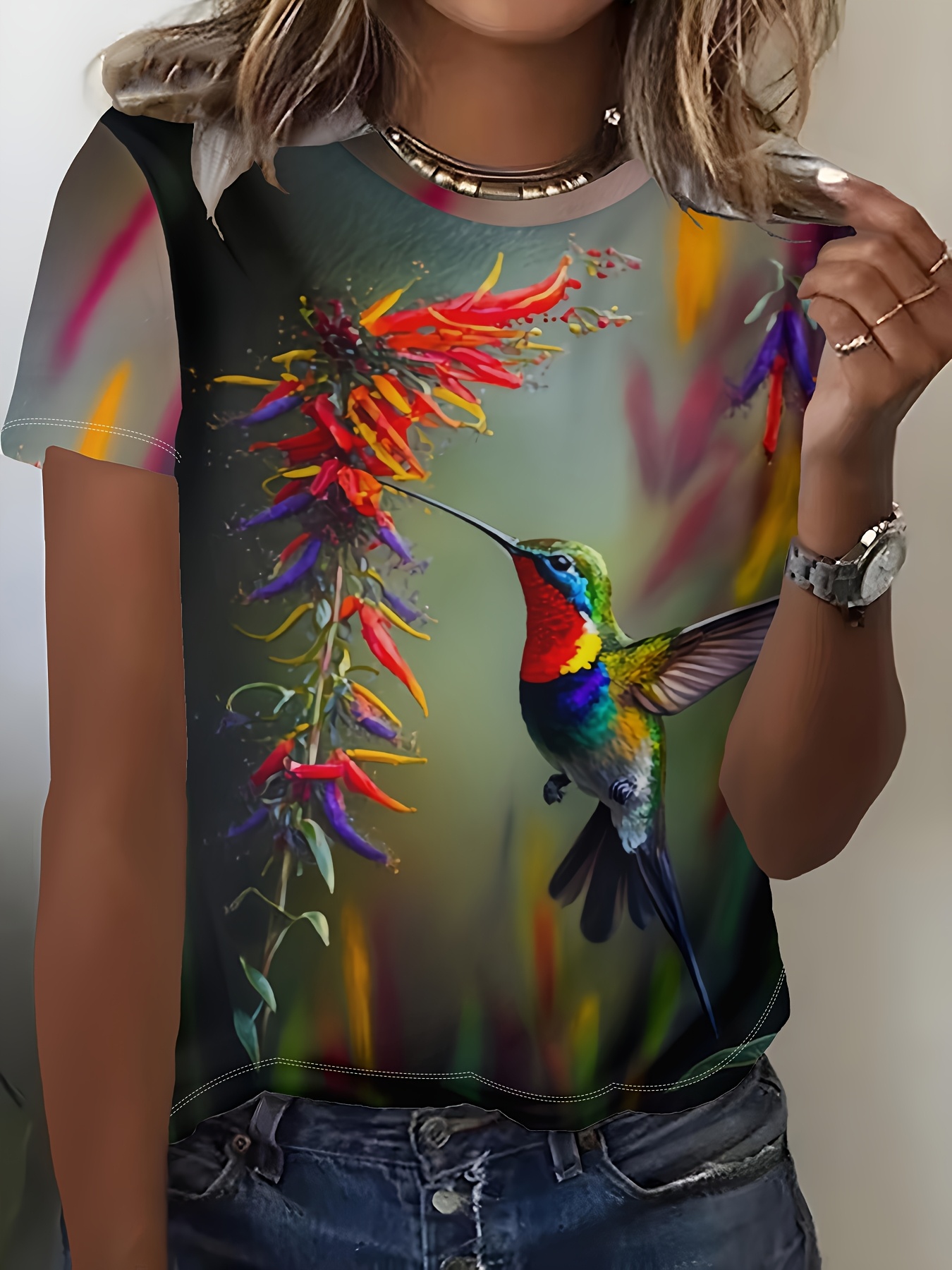 Women's Casual Short Sleeve T-Shirt With Flying Hummingbird & Floral Digital Print - Vibrant Colors, Round Neck, Machine Washable, All-Season Comfort, Ladies T Shirts, Comfortable Clothing, Natureinspired Design, Detailed Artwork | IFYHOME