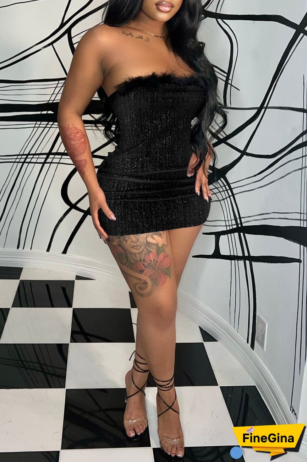 Black Sexy Solid Patchwork Backless Strapless Sleeveless Dress Dresses