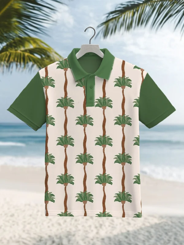Men's Vacation Tropical Tree Graphic Print Short Sleeve Polo Shirt