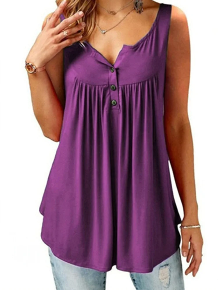 Casual Plain Round Neck Button Shirred Tank Top