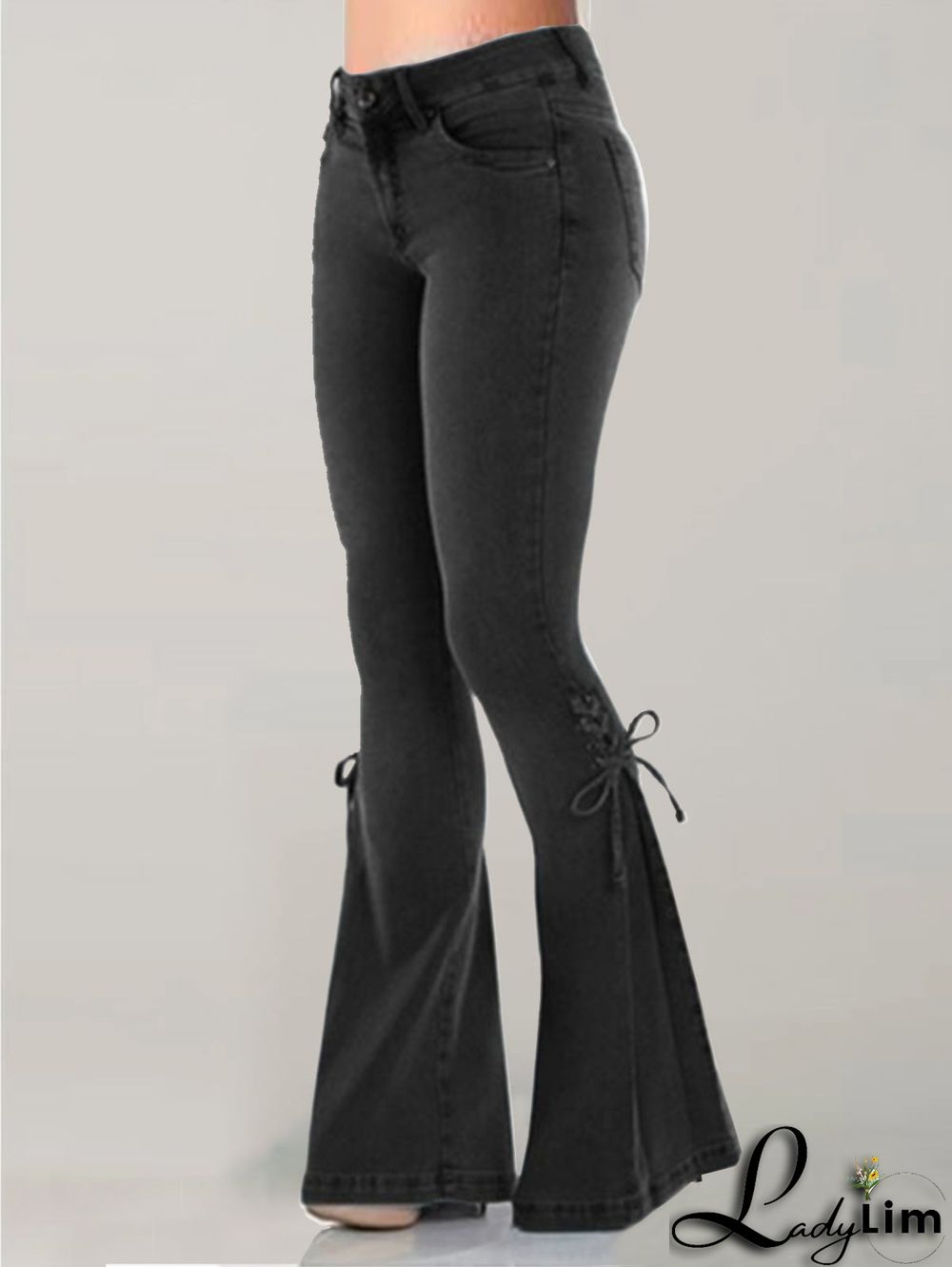 Fashion Plain Flare Leg Lace-Up Denim Slim Fit Pants