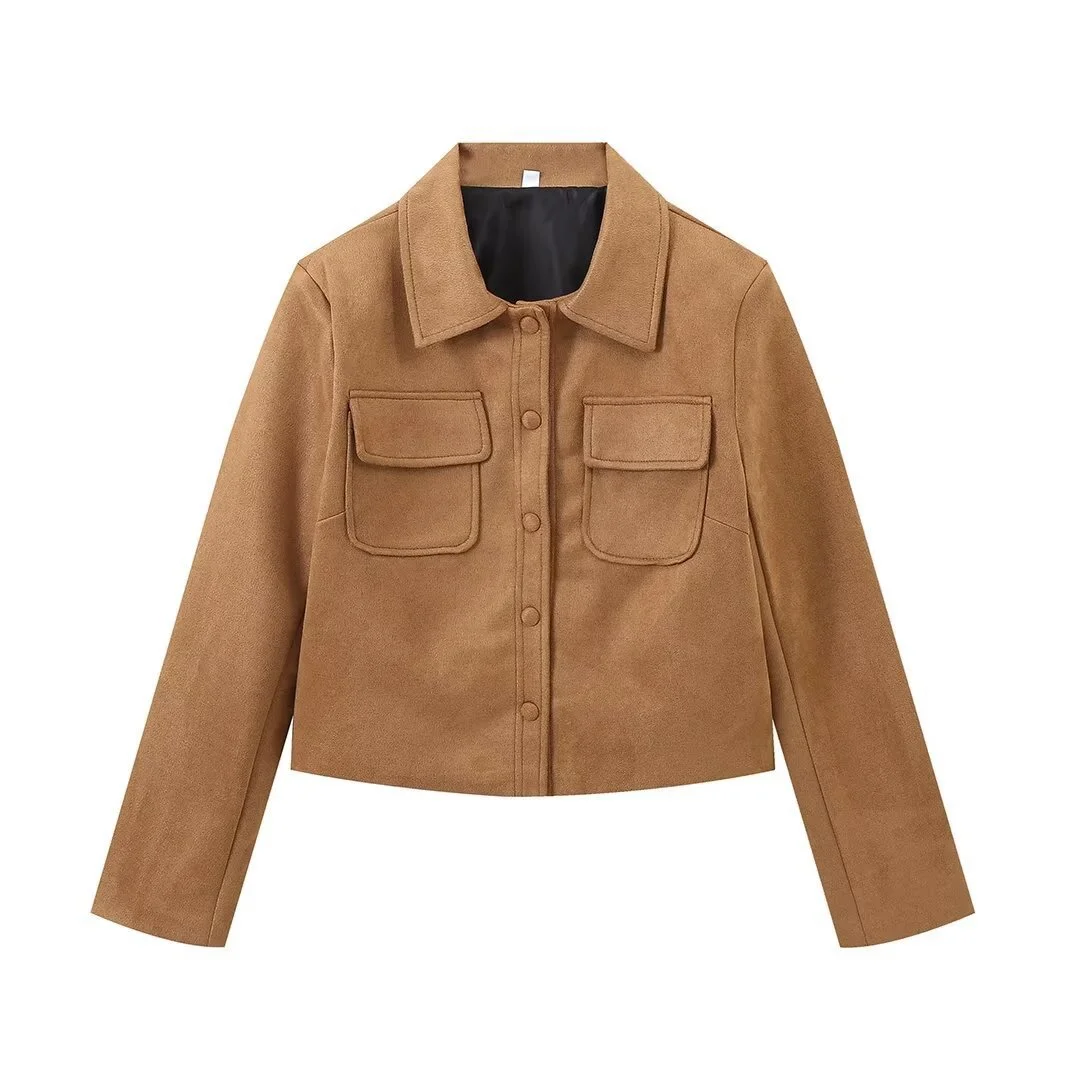 Nigikala Nigikala New INS Style Retro Style Simple Collar Pocket Deer-Skin Jacket