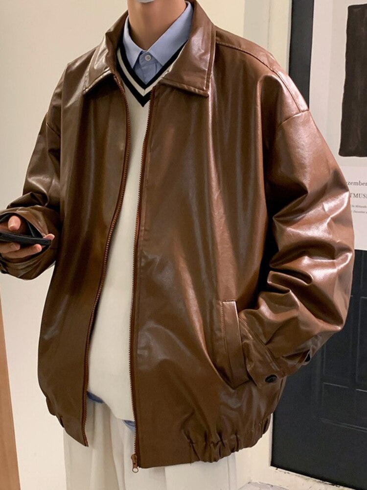 men's Leather Jacket Solid Color Korean Style Fashion Male Autumn Coat Streetwear Men Clothing Jacket Men No