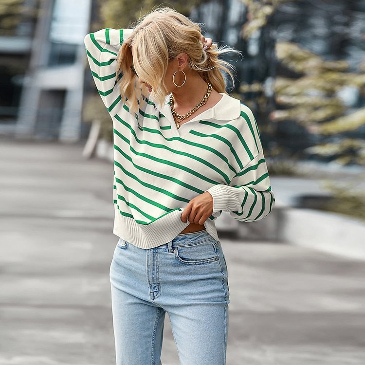Lapel Striped Long Sleeve Sweater - Green