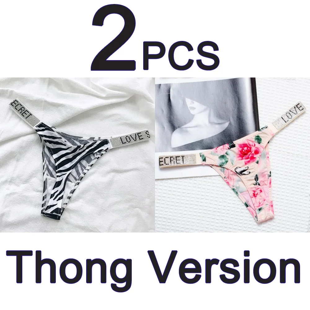 2PCS Sexy Low Waist Panties G String Comfort Satin Underwear Women Rhinestone High Fork Thong Seamless Intimates Lingerie Cotton
