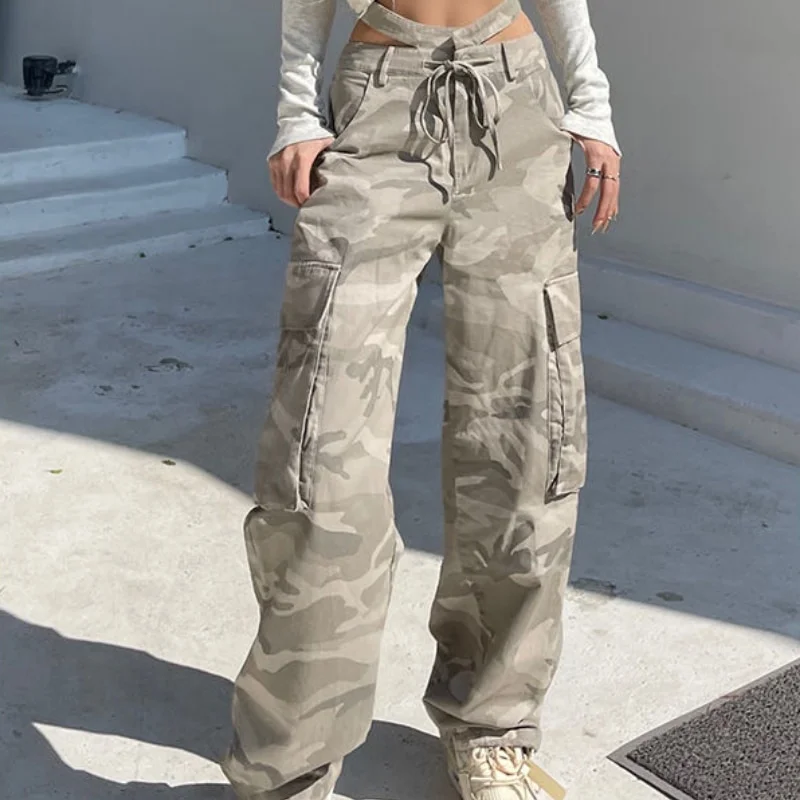 Woherb design cargo pants women y2k vintage streetwear high waist loose straight wide leg casual pant women fashion 2022 new