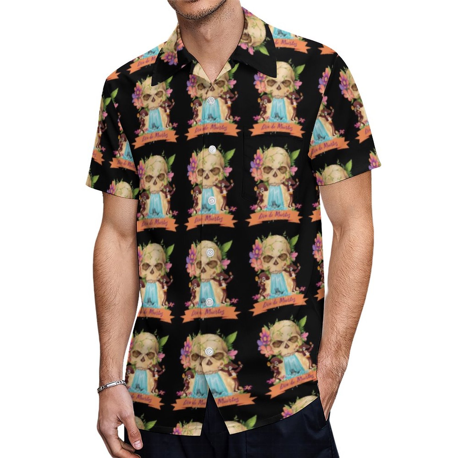 Dia De Muertos Skull Waterfall And Mariachi Hawaiian Shirt Mens Button Down Tropical Hawaii Beach Shirts