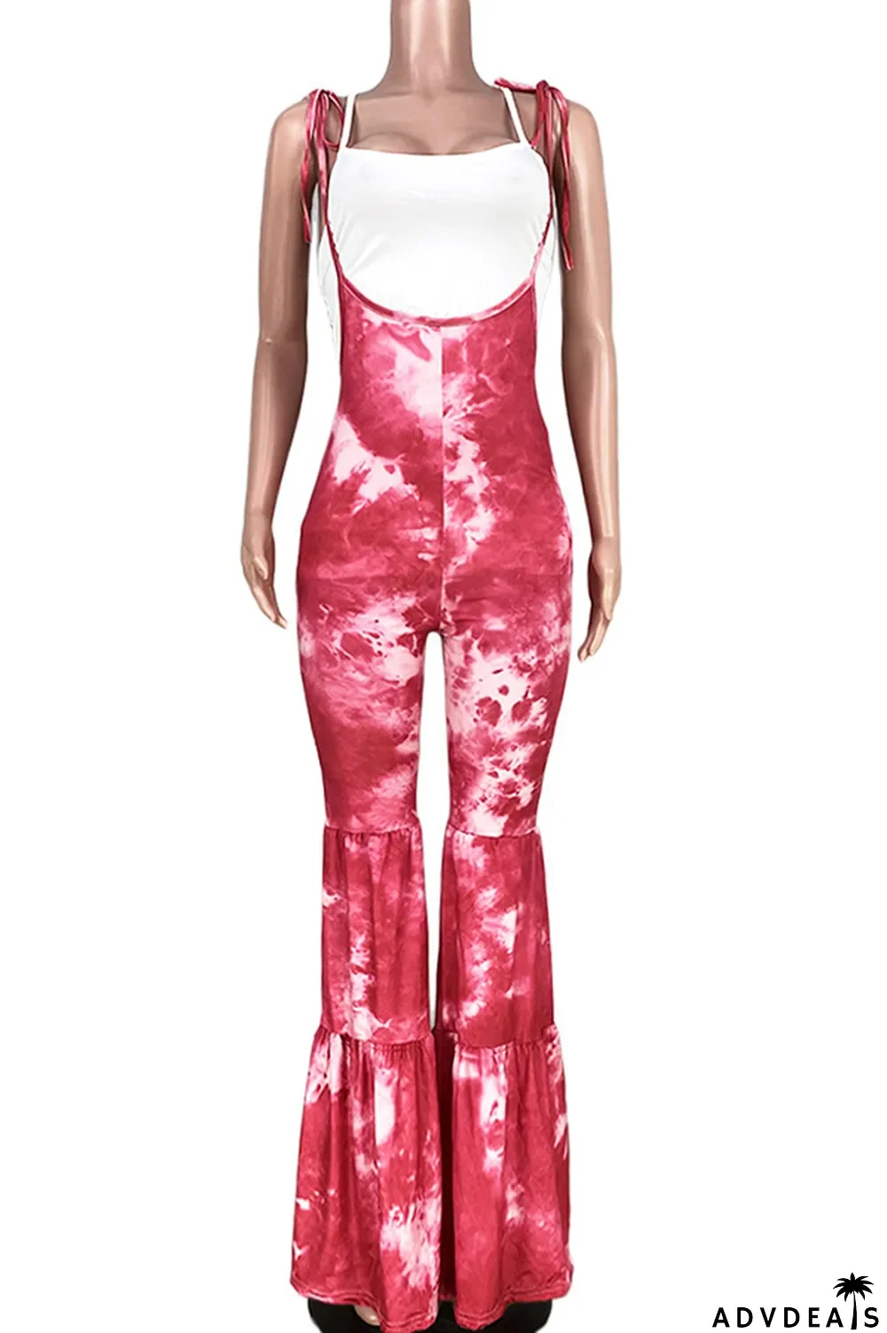 Red street Print Tie-dyed Polyester Sleeveless Slip Jumpsuits