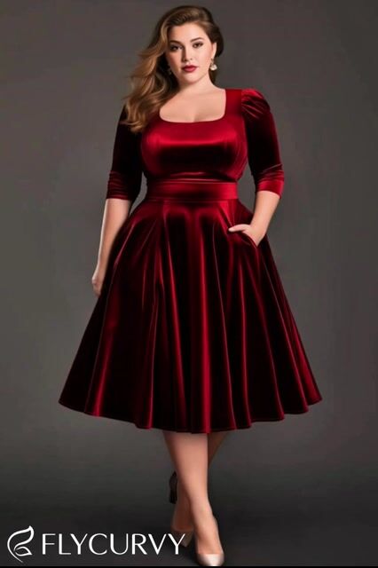 Flycurvy Plus Size Wedding Guest Red Velvet 3/4 Sleeve Empire Waist Midi  Dress- Flycurvy