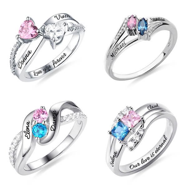 Vangogifts Personalized Engraved Double Birthstones with Diverse Shaped Promise Ring | Best Gift for Mom Wife Girlfriend Family
