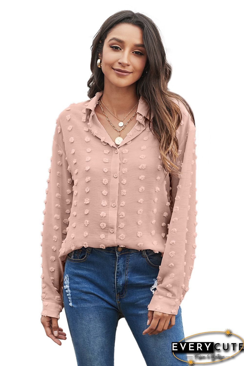 Khaki Long Sleeve Button Fuzzy Polka Dot Shirt