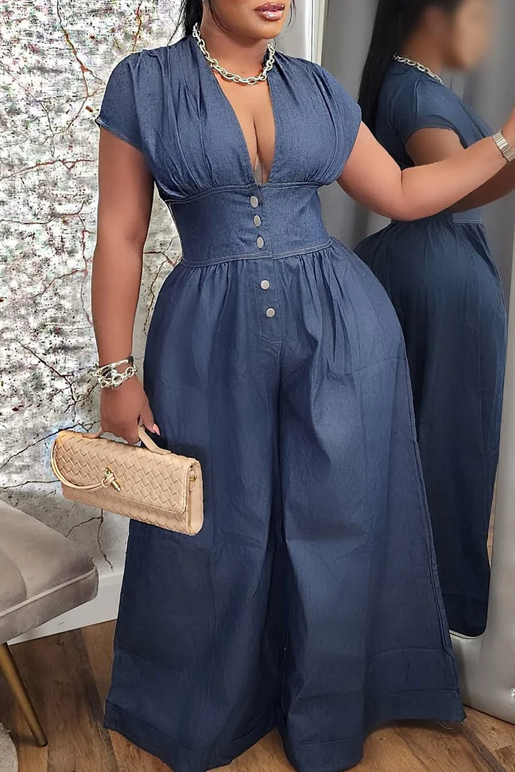 Plus Size Vacation Blue Casual V Neck Button Wide Leg Tencel Denim Jumpsuits [Pre-Order] 2024 - Xpluswear