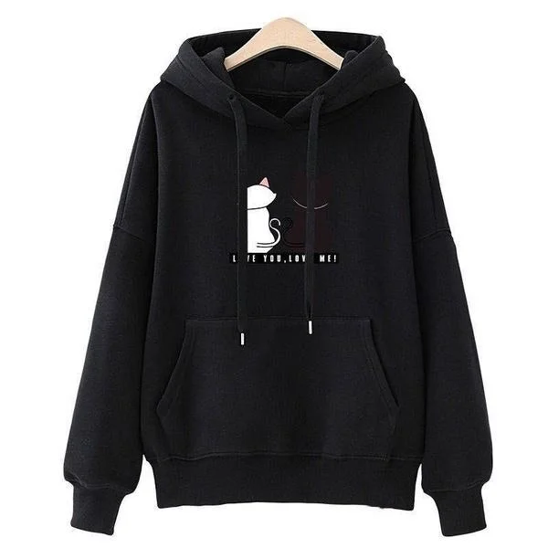 Women Cat Print Hoodies Autumn Cute Pink Long Sleeve Hooded Sweatshirts Harajuku Plus Size Pocket Female Pullover Hoody Tops