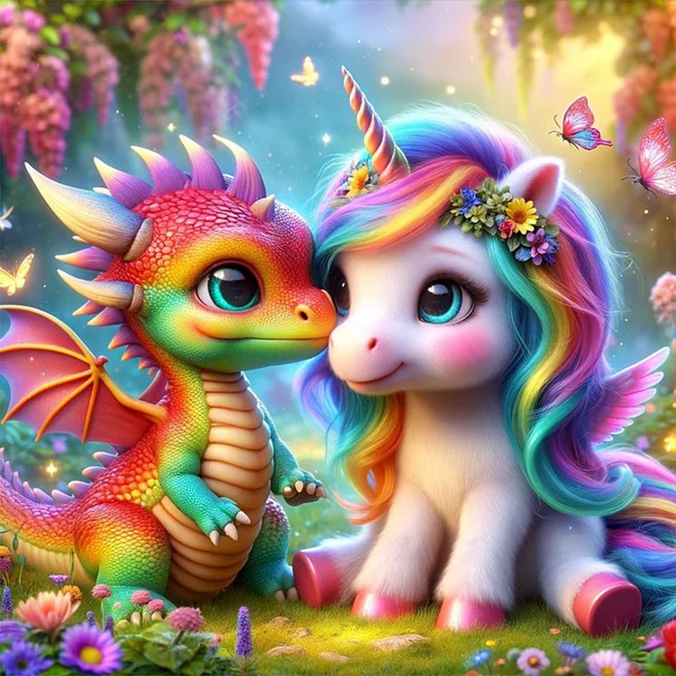 Full Round Diamond Painting - Rainbow Dragon And Rainbow Pony 30*30CM