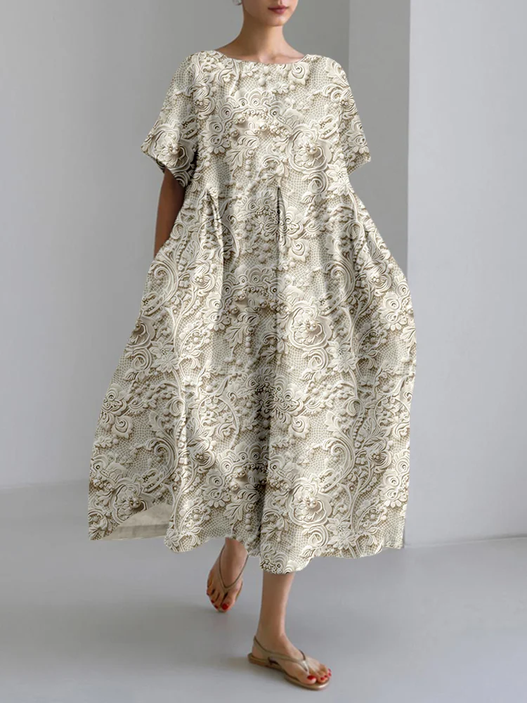 Vintage Ivory Lace Pattern Linen Blend Cozy Maxi Dress