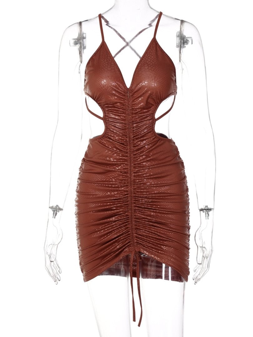 Dulzura Leopard Print Women Drawstring Ruched Strap Mini Dress Hollow Out Backless Bodycon Sexy Streetwear Party Club 2021 Fall