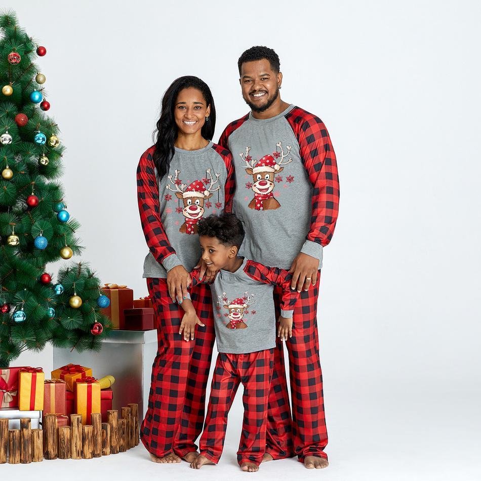 Bravetoshop Matching Family Pajamas Sets Christmas PJs with Cartoon Printed Long Sleeve Tee and Plaid Pants Sleepwear
