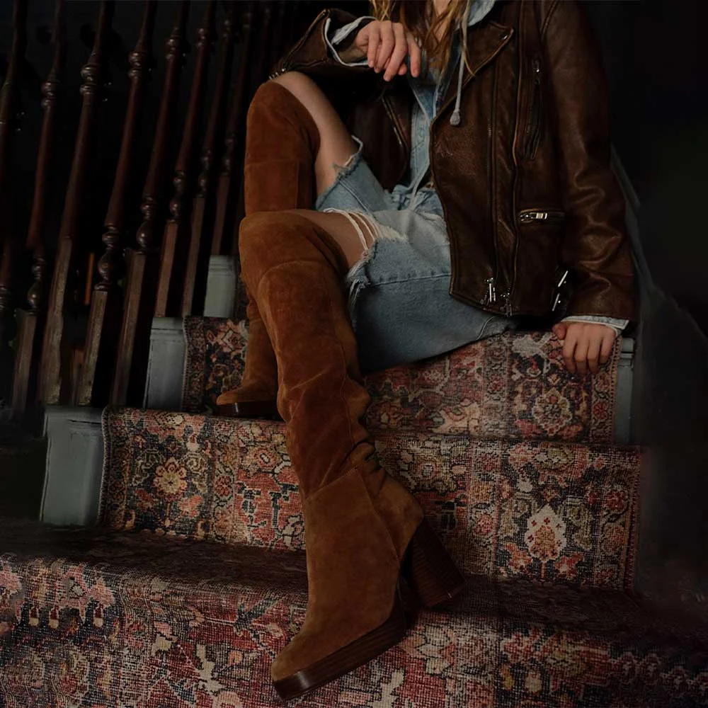 Brown Square Toe Chunky Heel Platform Over the Knee Boots with Zipper