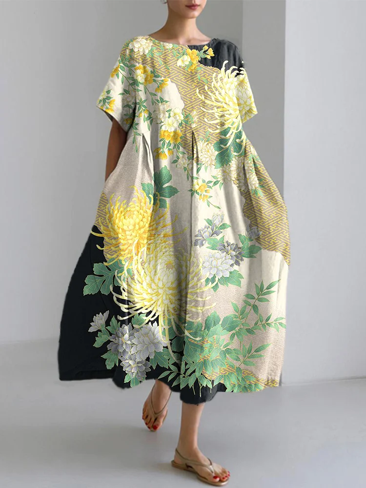 Comstylish Japanese Floral Traditional Pattern Print Linen Blend Dress