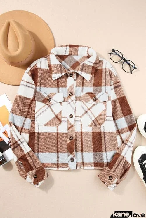 Pocketed Plaid Collared Neck Jacket