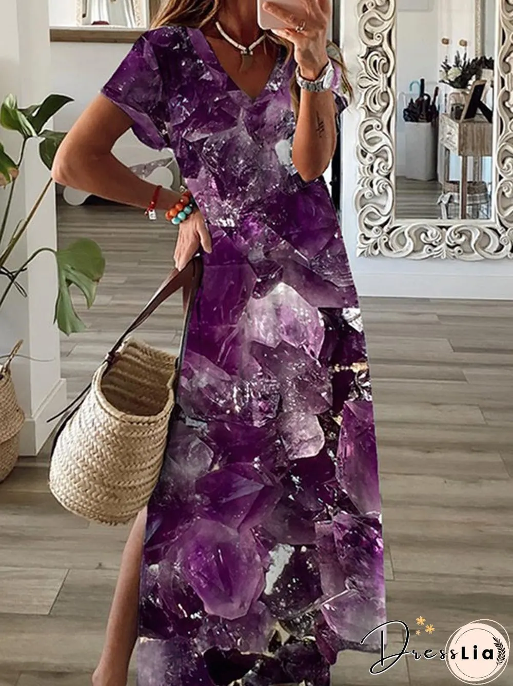 Printed V neck Casual Short Sleeve Knit Dress