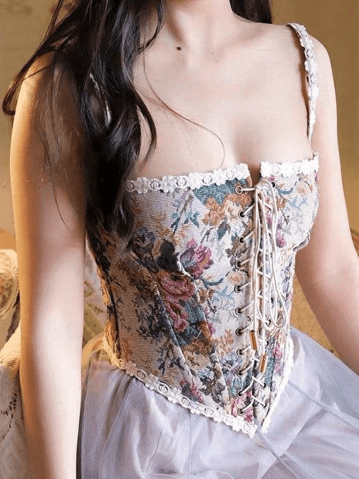 Brownm Lace-Up Floral Vintage Corset Top