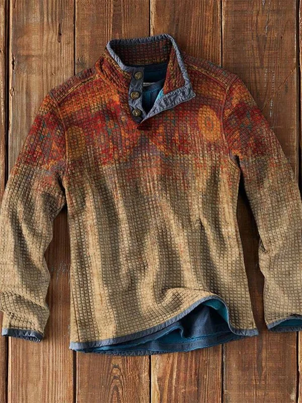 Men's Waffle Collar Printed Long Sleeve T-Shirt