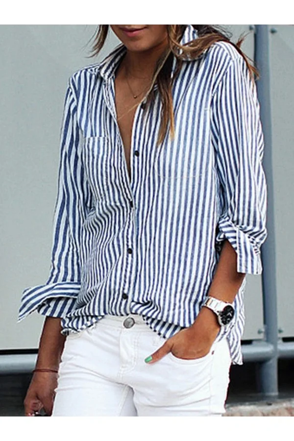 Casual Stand Collar Stripe Long Sleeve Blue Blouse