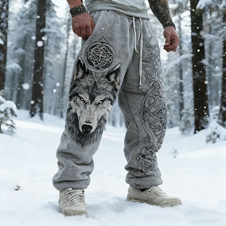 Men's Retro Viking Style Wolf Head Print Flannel Long Pants