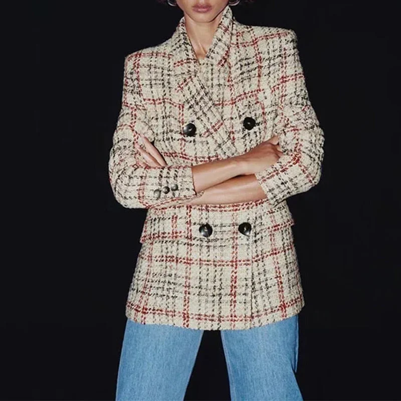 Women's Blazers Vintage Jackets Plaid Coats Office Formal Ladies Tweed Blazer Autumn Long Sleeves Outwear 2020 ZA Elegant Top