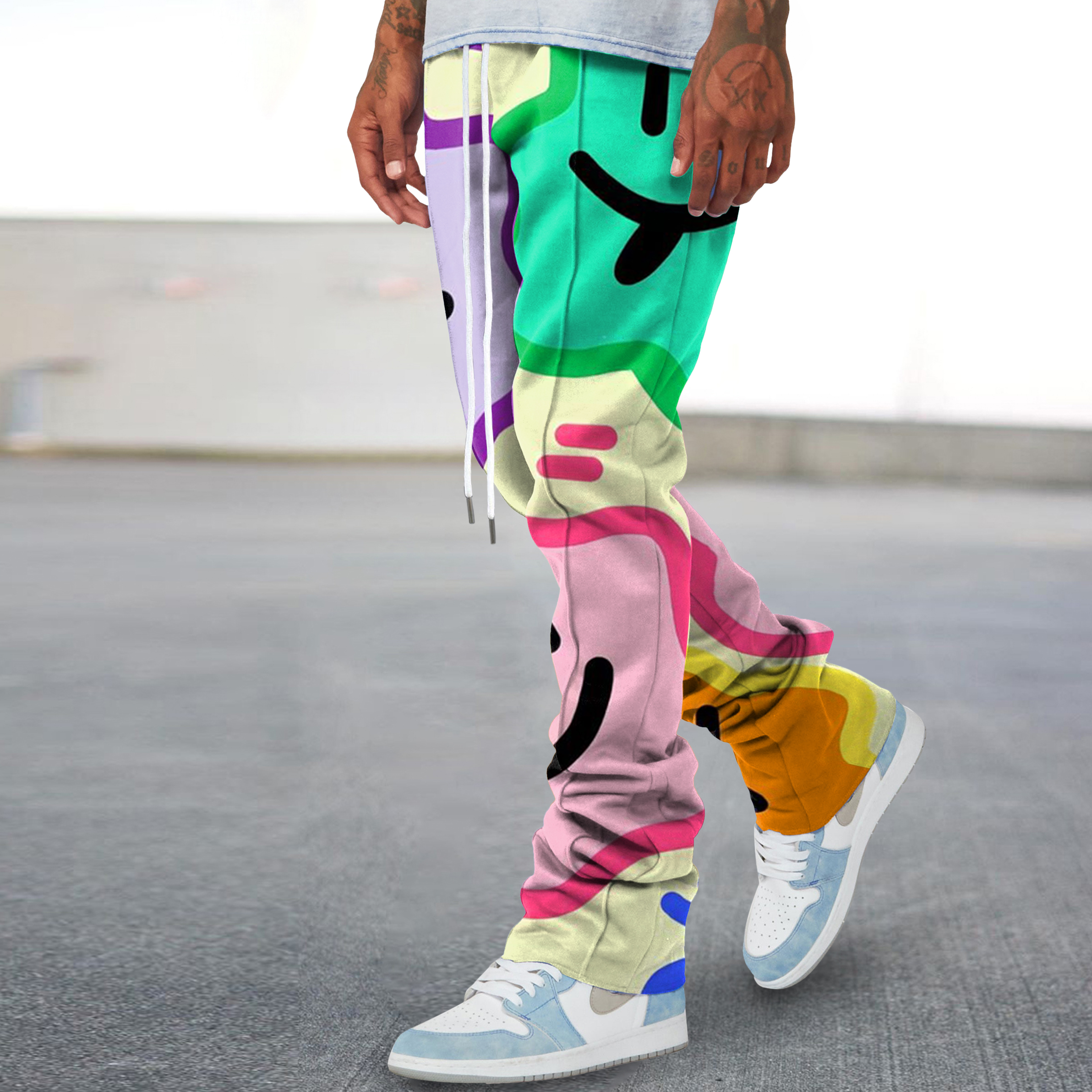 Trendy printed stacked trousers street trousers