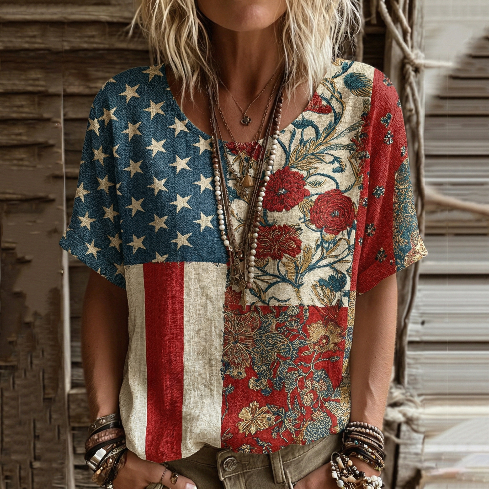 Comstylish Women's Independence Day Flag Floral Print Linen Blend Casual Short-sleeve T-shirt
