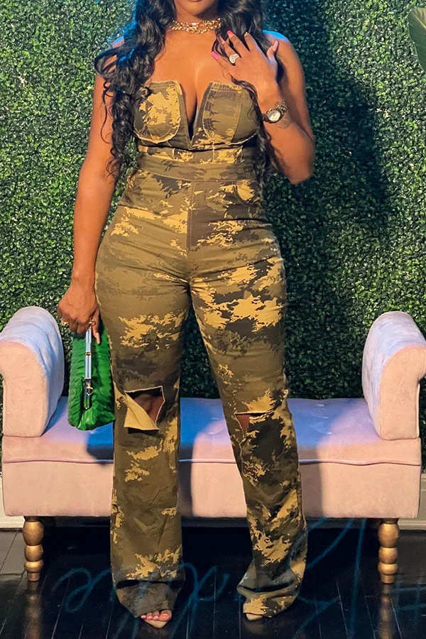 Camouflage Ripped Cool Bandeau Jumpsuit