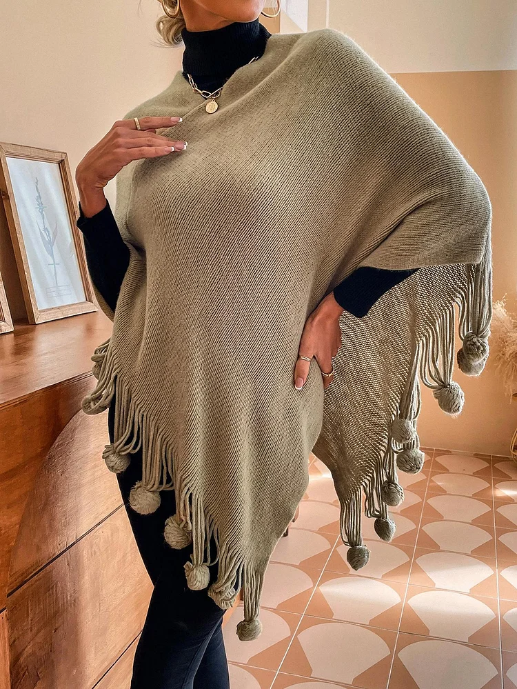 Women's Solid Color Tassel Ball Shawl Sweater