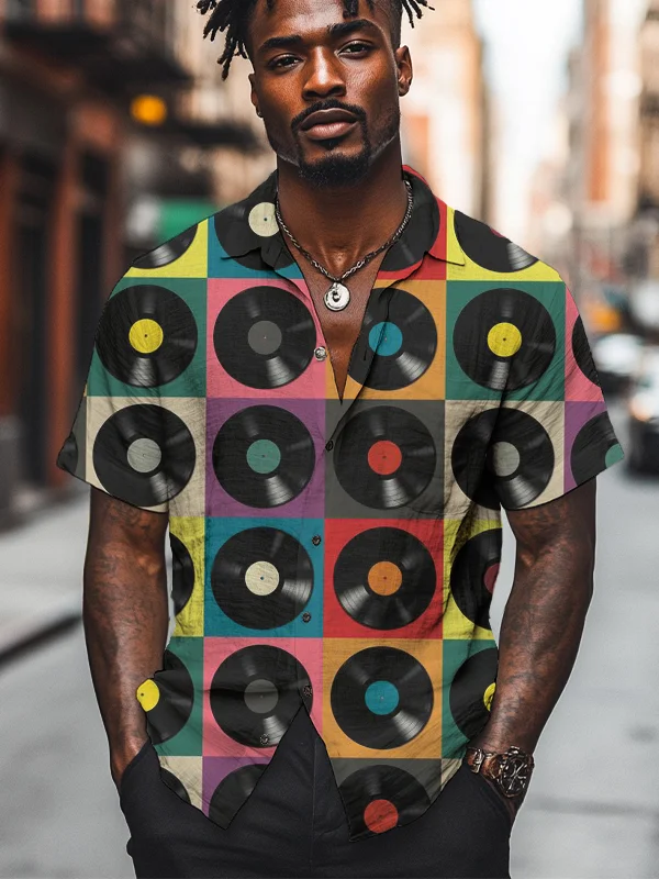Men's Vintage Colored Vinyl Records Art Print Shirt