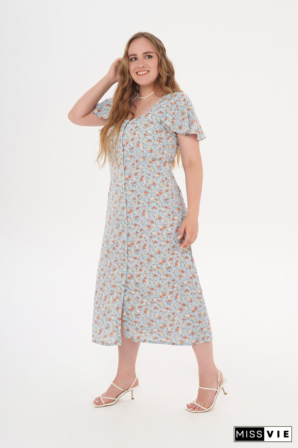 Square-neck Short-sleeved Floral-print Midi Dress P15468