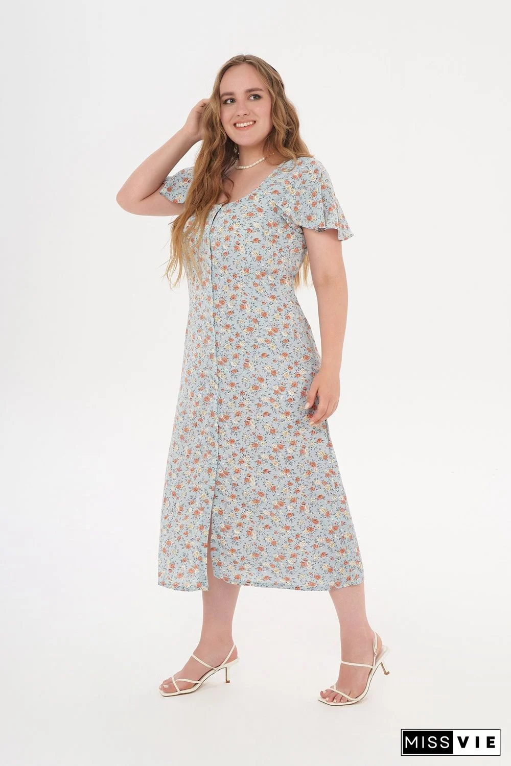 Square-neck Short-sleeved Floral-print Midi Dress P15468